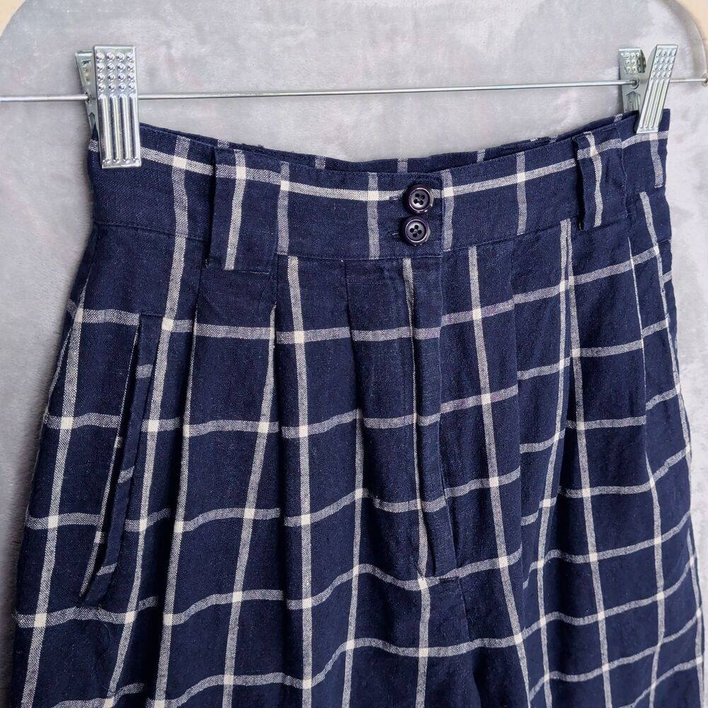Vintage Blue Check Linen Blend Shorts Size 6 High Waisted 90s Preppy Nautical - Picture 4 of 7